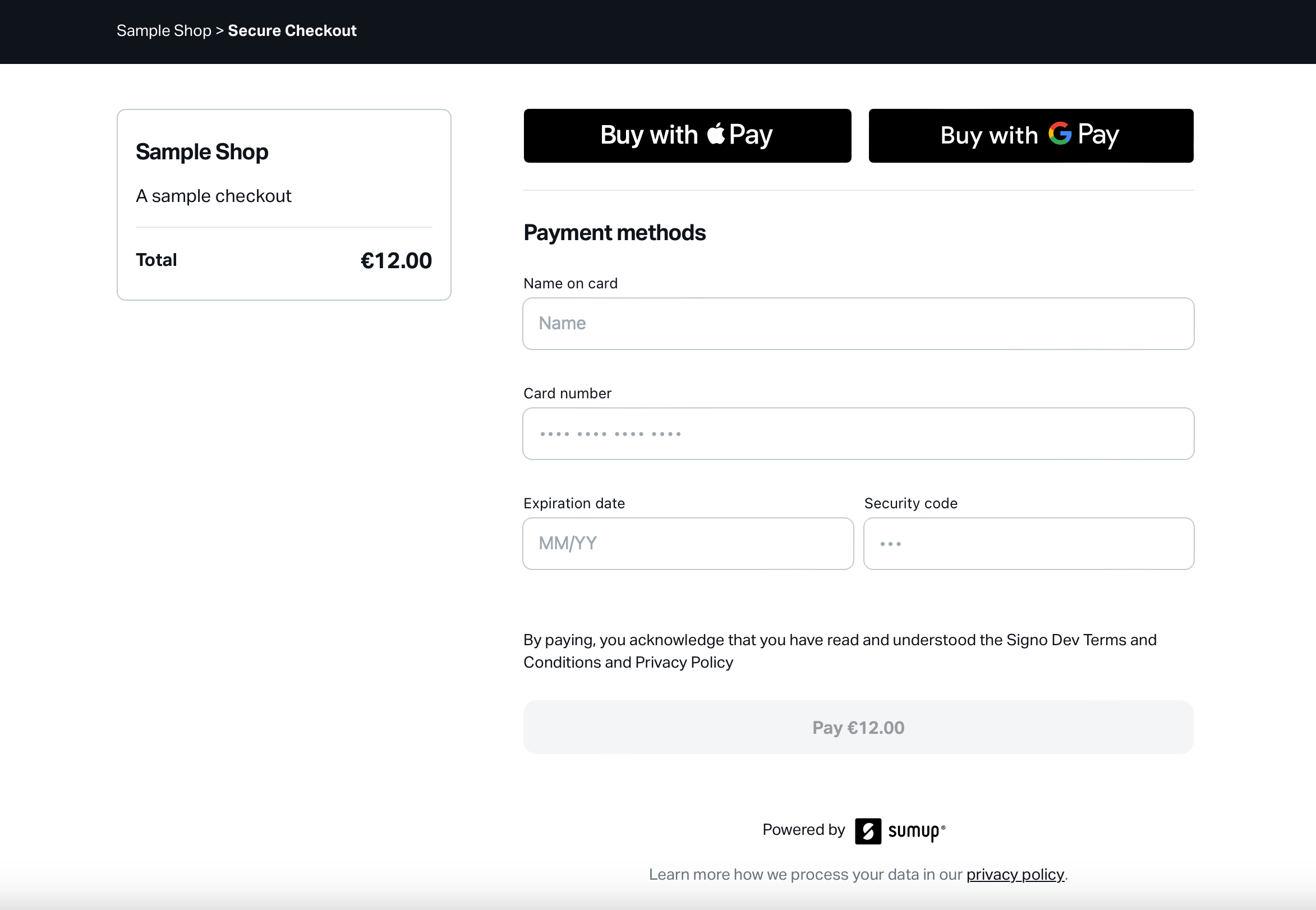 A screenshot of the Hosted Checkout form showing available payment options, including Google Pay, Apple Pay, and card payment